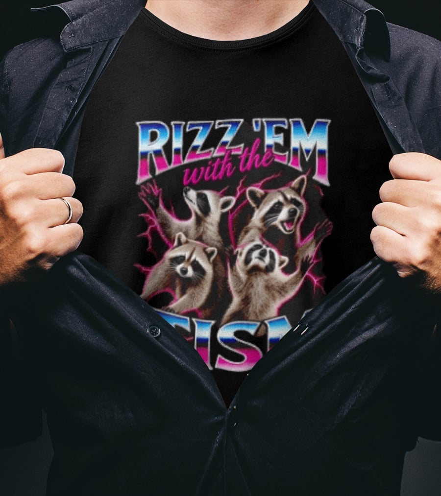 Rizz Them With The Tism Four Raccoons Reaching Pink Lightning T-Shirt