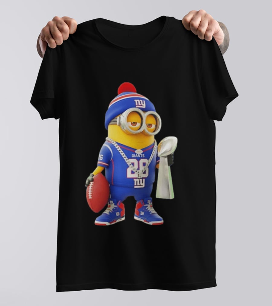 Minion In New York Giants Jersey With Football Trophy And Beanie T-Shirt