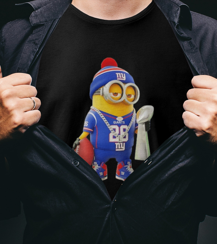 Minion In New York Giants Jersey With Football Trophy And Beanie T-Shirt