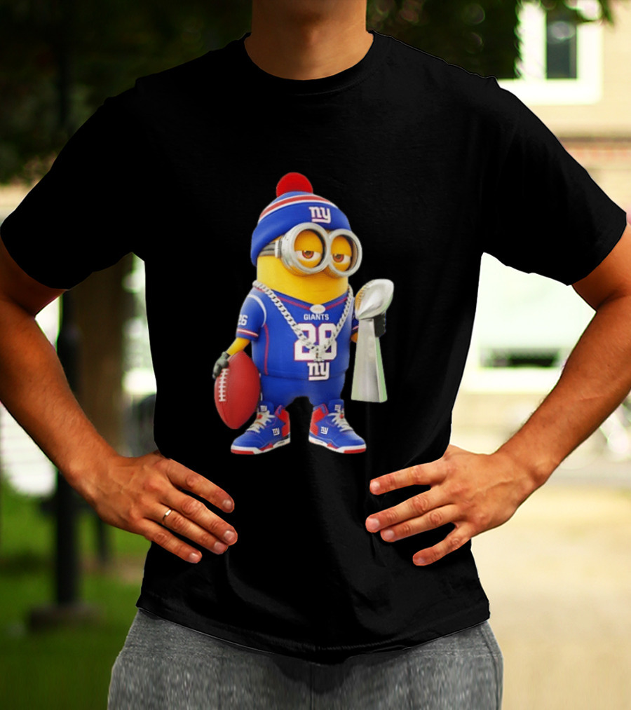 Minion In New York Giants Jersey With Football Trophy And Beanie T-Shirt