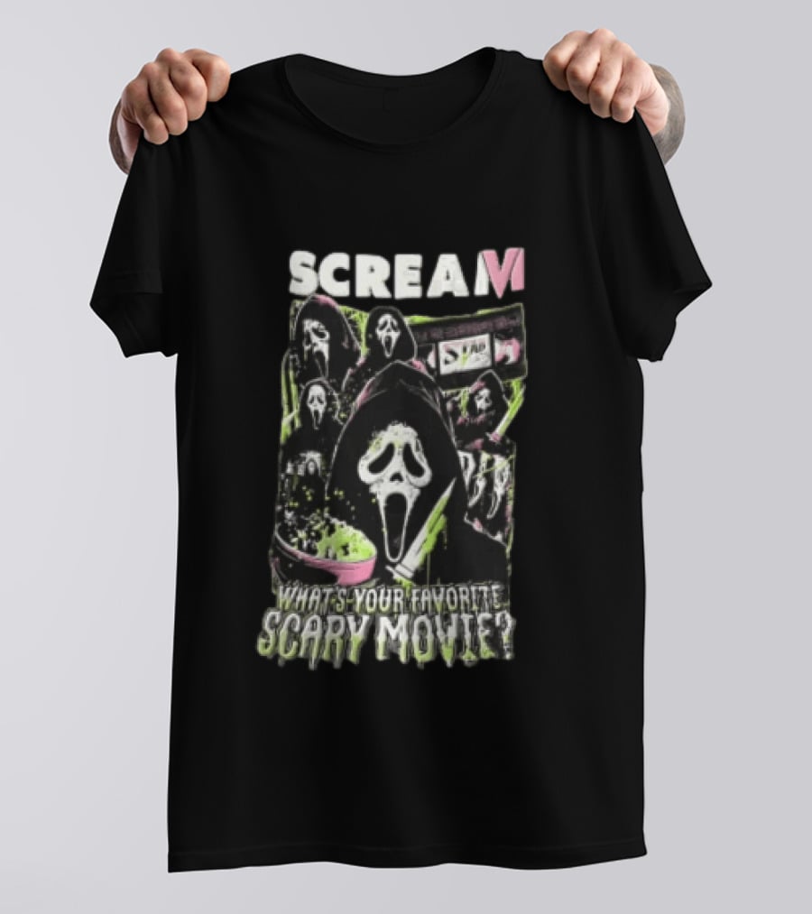 Scream VI What's Your Favorite Scary Movie Ghostface Masks Holding Knife Popcorn T-Shirt