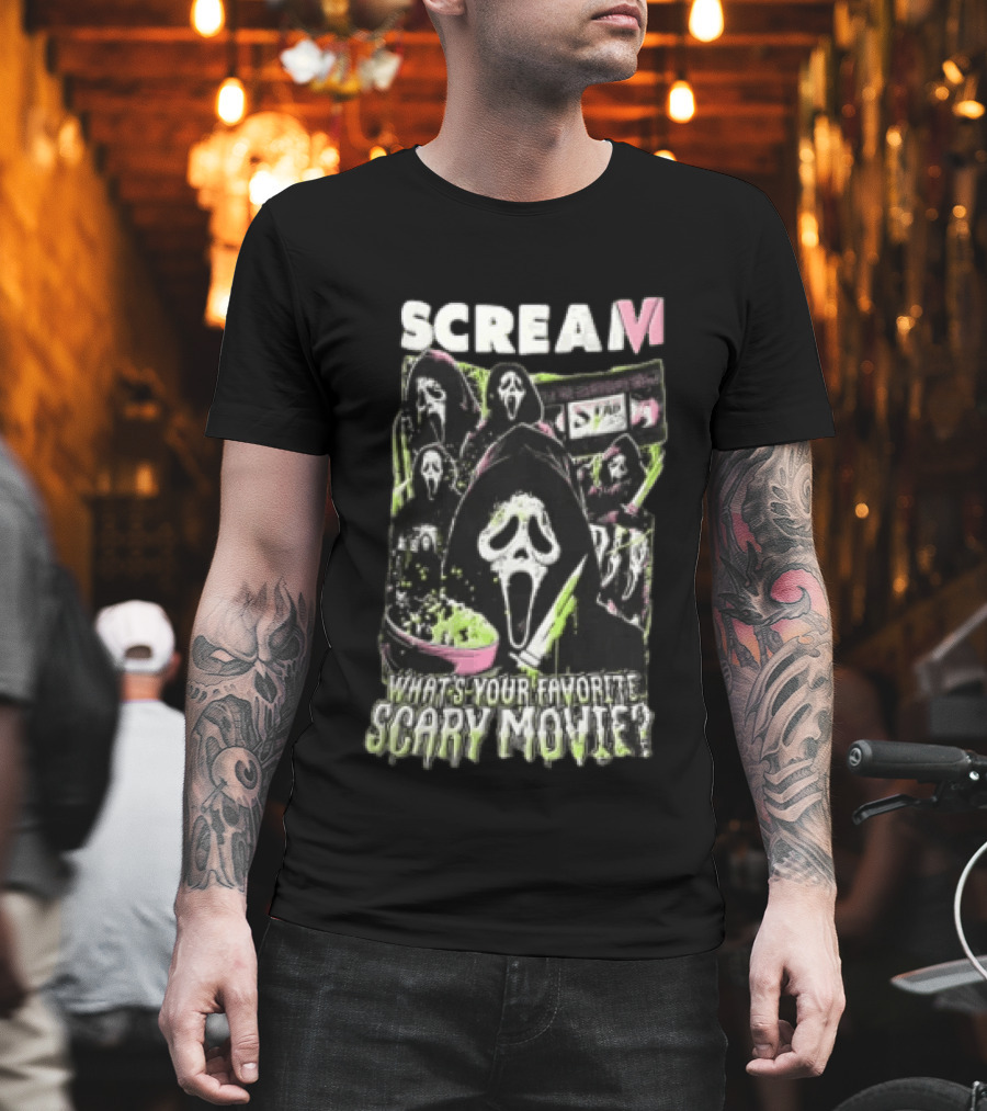 Scream VI What's Your Favorite Scary Movie Ghostface Masks Holding Knife Popcorn T-Shirt