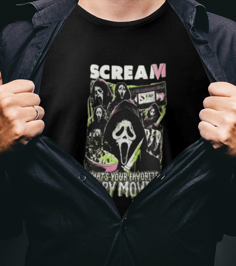 Scream VI What's Your Favorite Scary Movie Ghostface Masks Holding Knife Popcorn T-Shirt