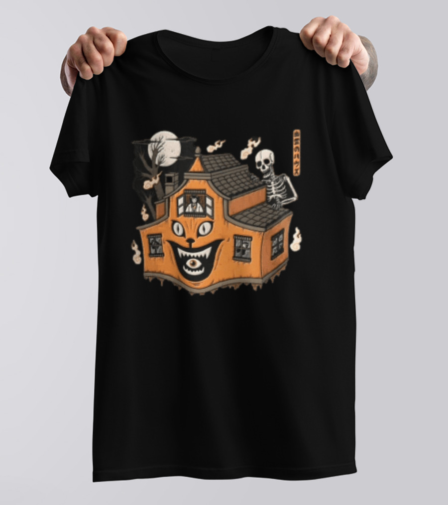 Skeleton Moon Haunted House Cat Face Halloween T-Shirt