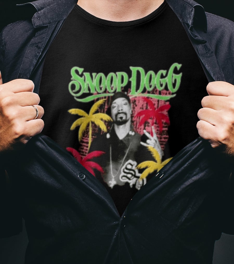 Snoop Dogg Palm Trees Gesture Black And White Portrait With Red And Yellow Palm Trees T-Shirt