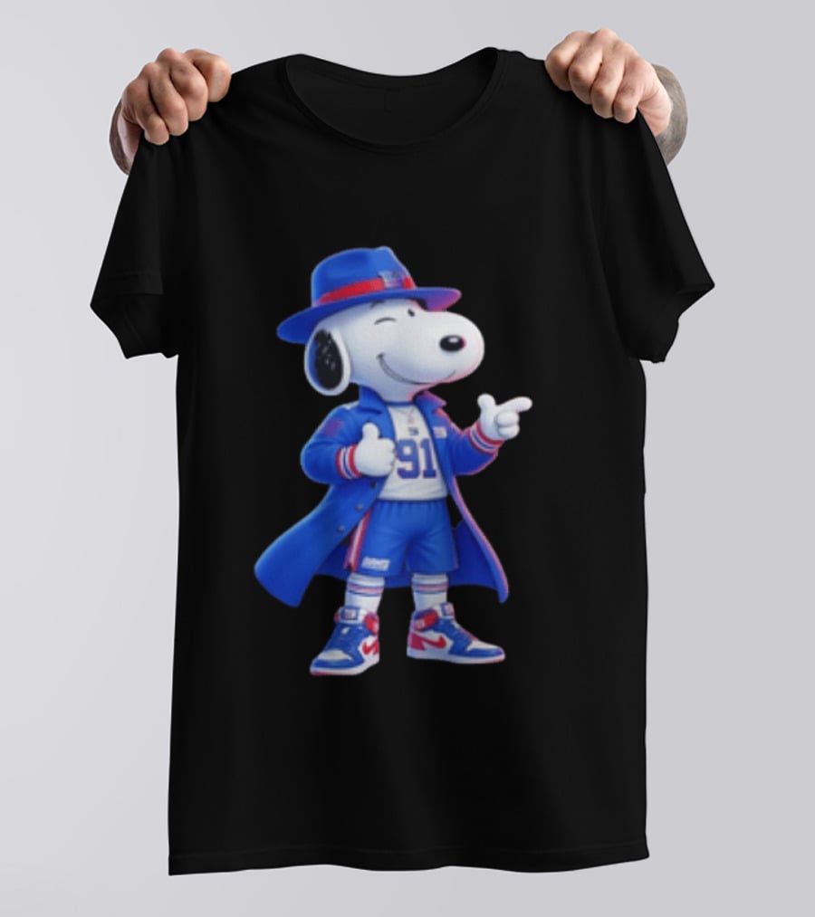 Snoopy New York Giants Football Player Cartoon Blue Coat And Hat T-Shirt