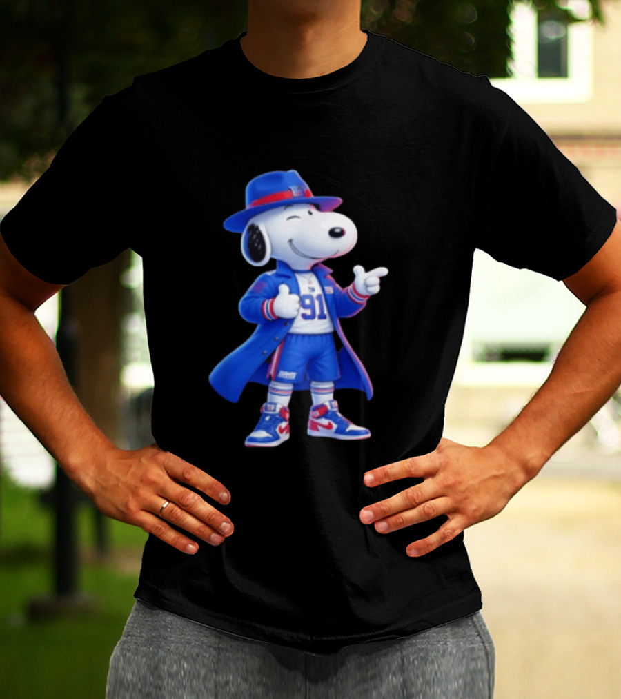 Snoopy New York Giants Football Player Cartoon Blue Coat And Hat T-Shirt