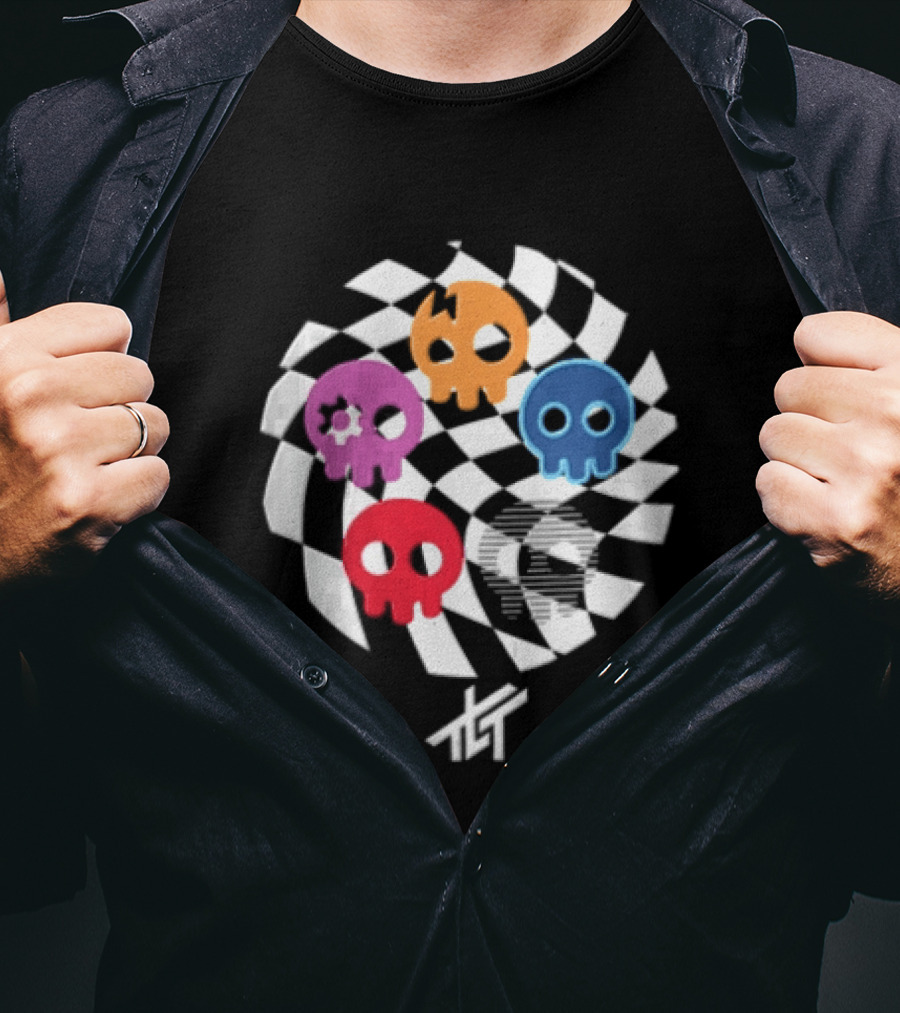 The Living Tombstone Five Colorful Skulls Checkered T-Shirt
