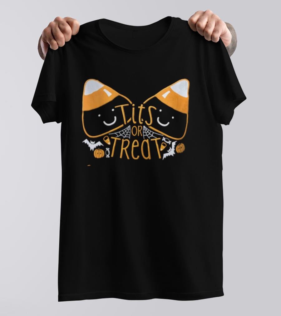 Halloween Candy Corn Faces Tits Or Treat With Spiders Webs Bats Pumpkins T-Shirt