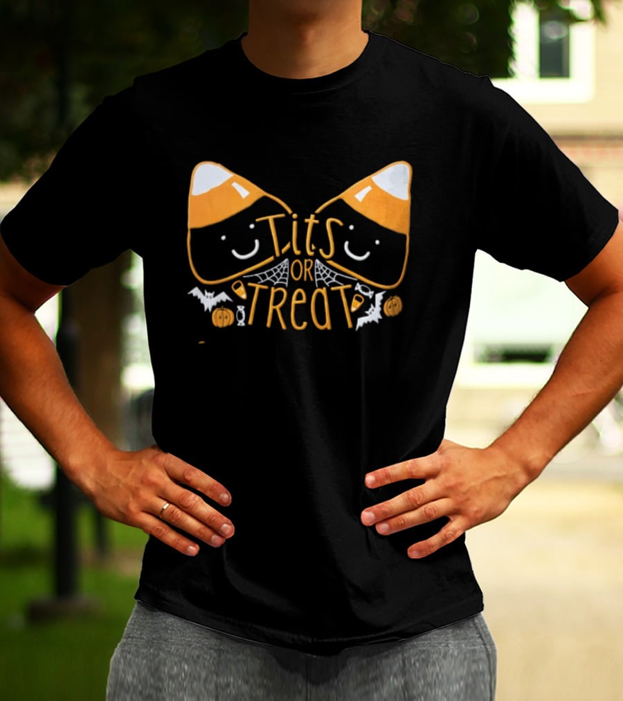 Halloween Candy Corn Faces Tits Or Treat With Spiders Webs Bats Pumpkins T-Shirt