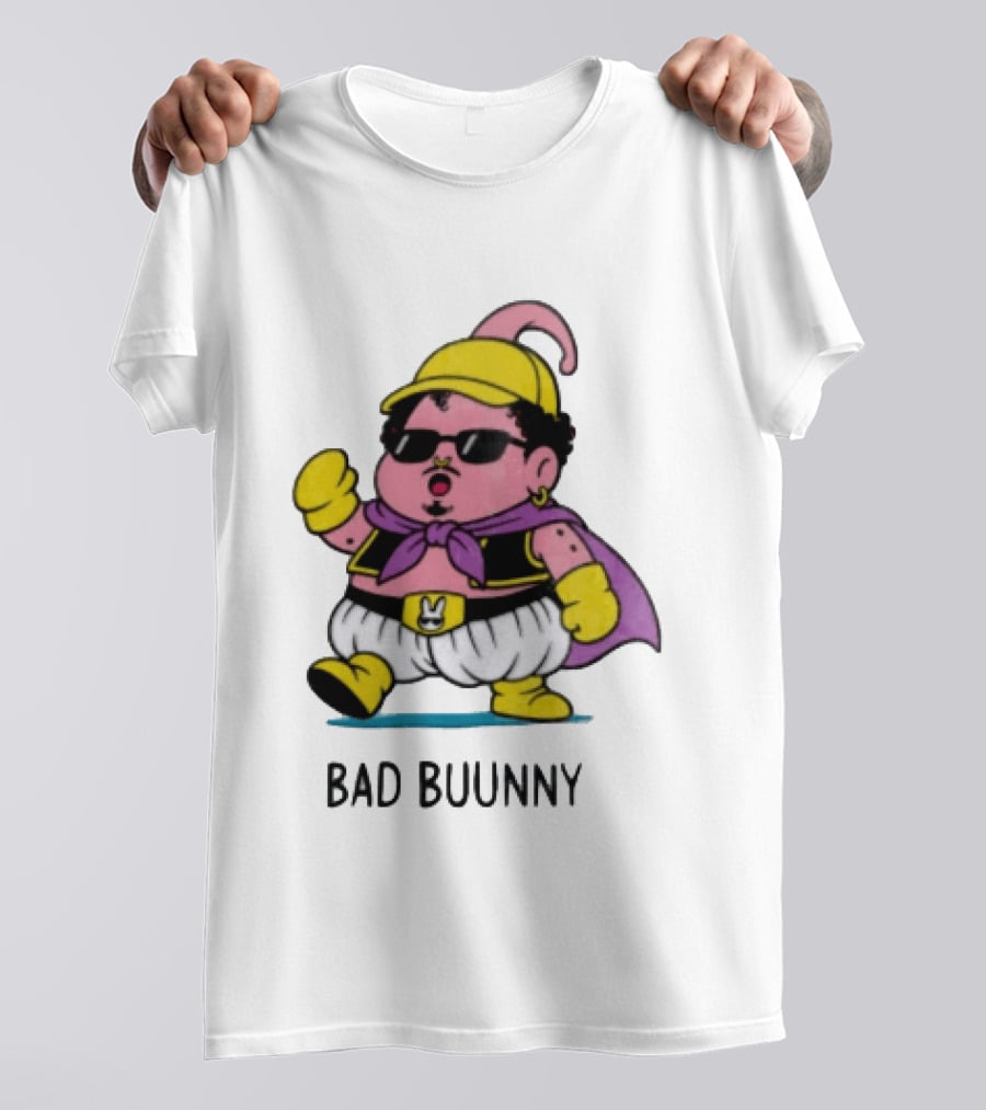 Bad Buunny Pink Majin Buu Sunglasses Yellow Hat Cape Cartoon T-Shirt
