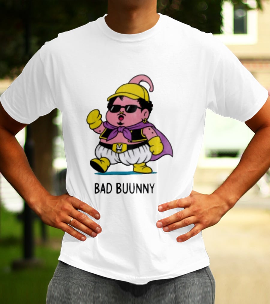 Bad Buunny Pink Majin Buu Sunglasses Yellow Hat Cape Cartoon T-Shirt