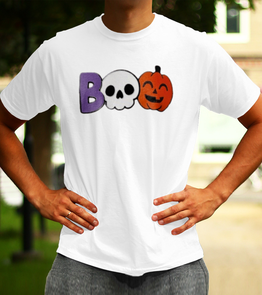 BOO Skull Pumpkin Purple Letter Halloween Fun T-Shirt