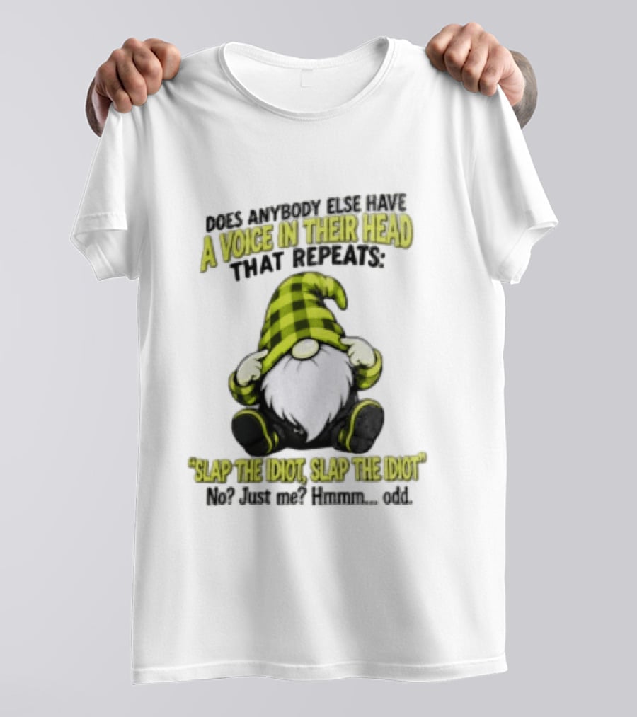Does Anybody Else Have A Voice In Their Head That Repeats Slap The Idiot Slap No Just Me Hmmm Odd Gnome In Green Hat T-Shirt