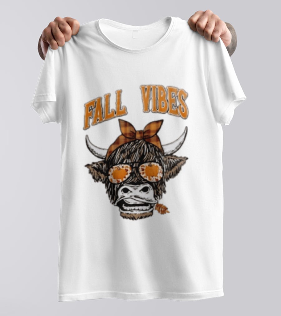 Fall Vibes Highland Cow Plaid Bow Sunglasses Pumpkins T-Shirt