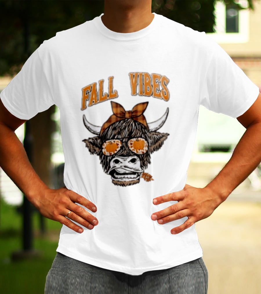 Fall Vibes Highland Cow Plaid Bow Sunglasses Pumpkins T-Shirt