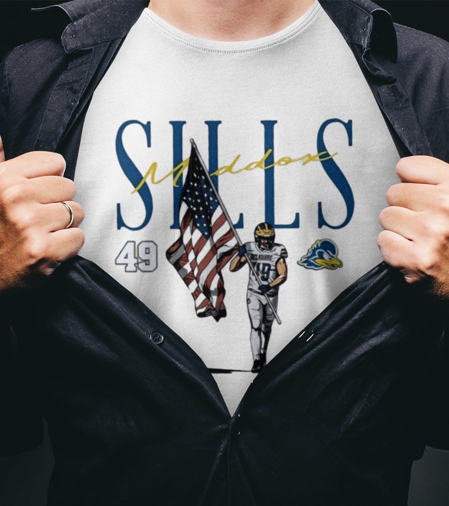 Delaware Blue Hens No 49 Maddox Sills US Flag Caricature T-Shirt
