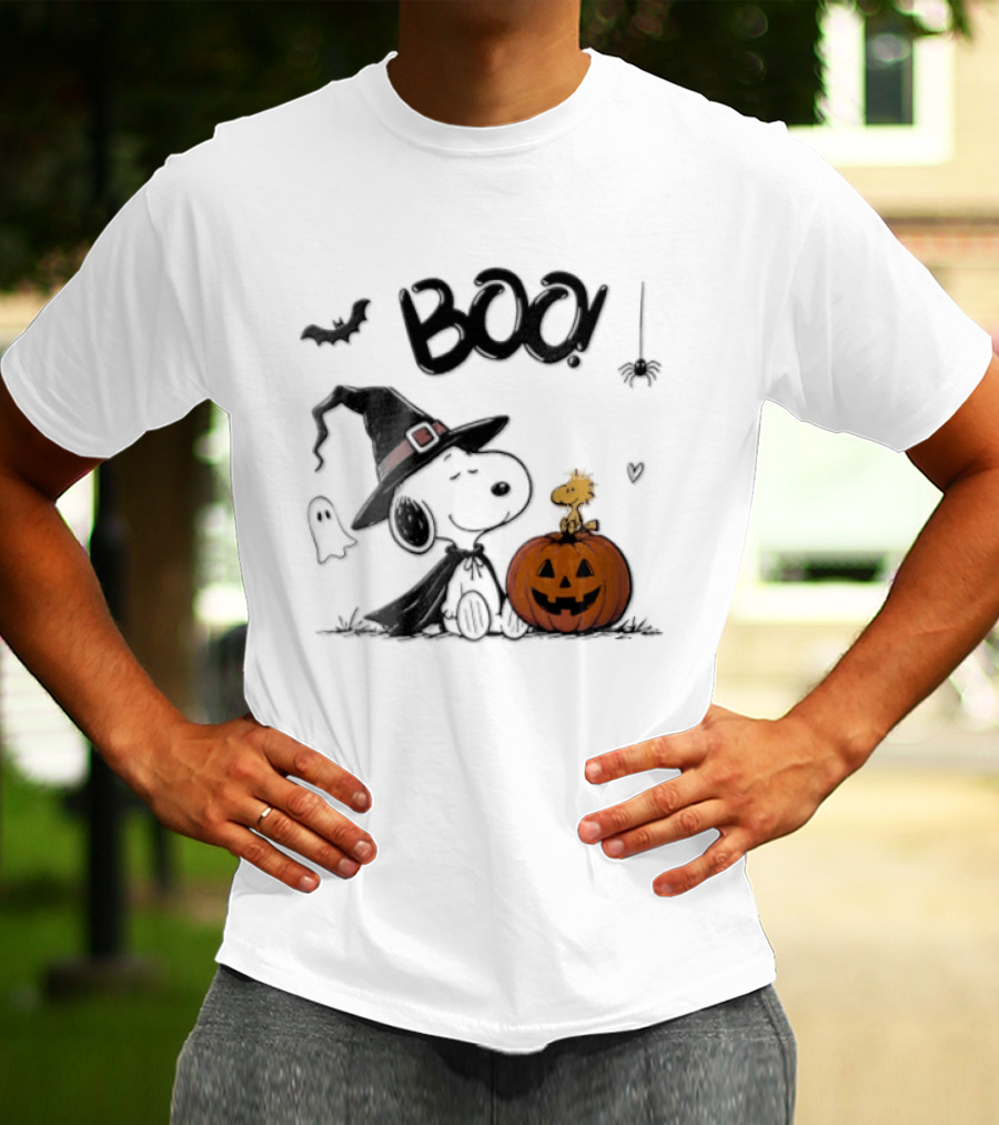 Peanuts BOO Snoopy Witch Hat Woodstock Pumpkin Halloween T-Shirt