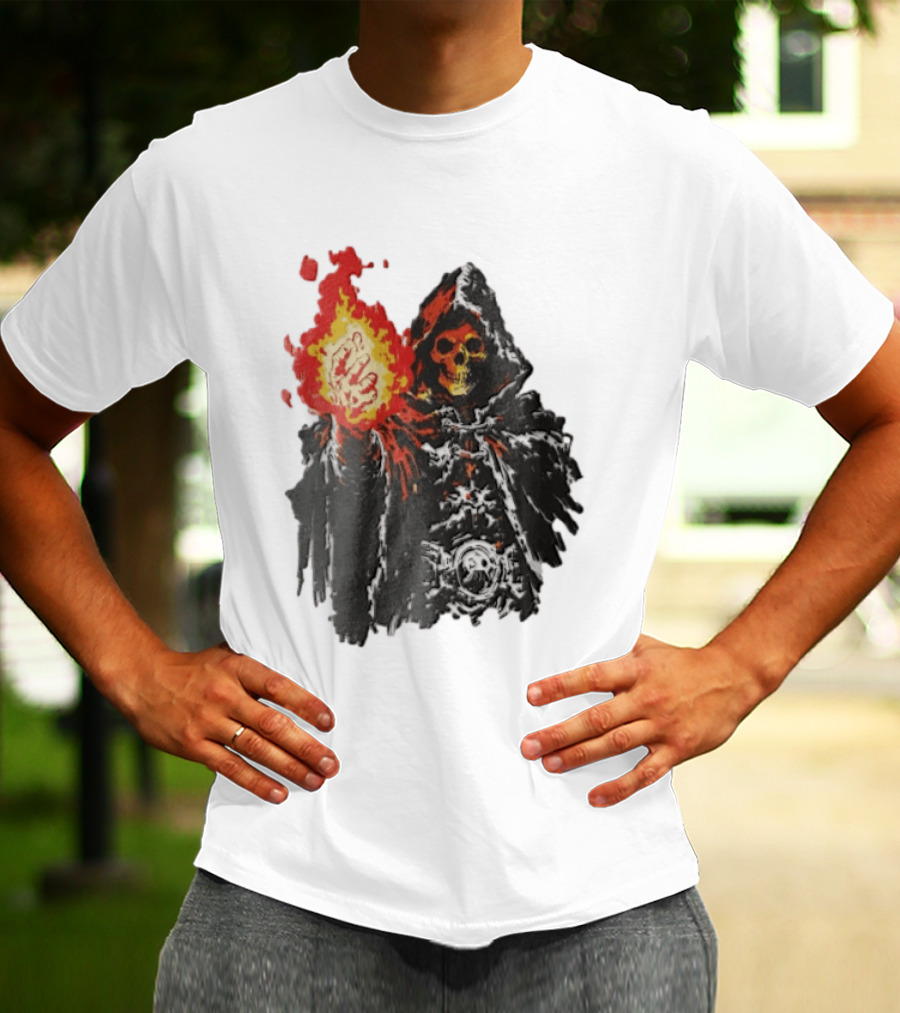 Skeleton Holding Fire Skeletor Hooded Cloak And Fiery Fist T-Shirt