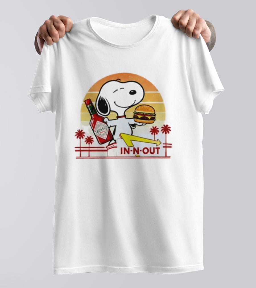Snoopy Holding Tabasco Bottle And In N Out Burger Delightful Combination T-Shirt