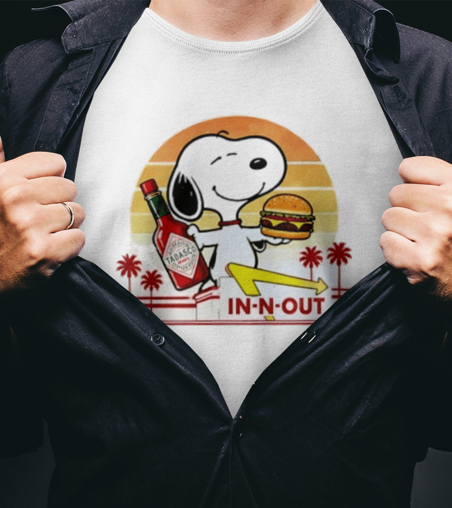 Snoopy Holding Tabasco Bottle And In N Out Burger Delightful Combination T-Shirt