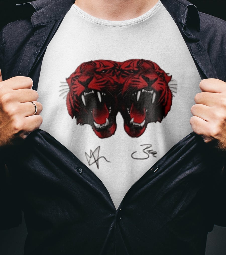 Tigers Heads Roaring Red Dual Fierce Animal T-Shirt