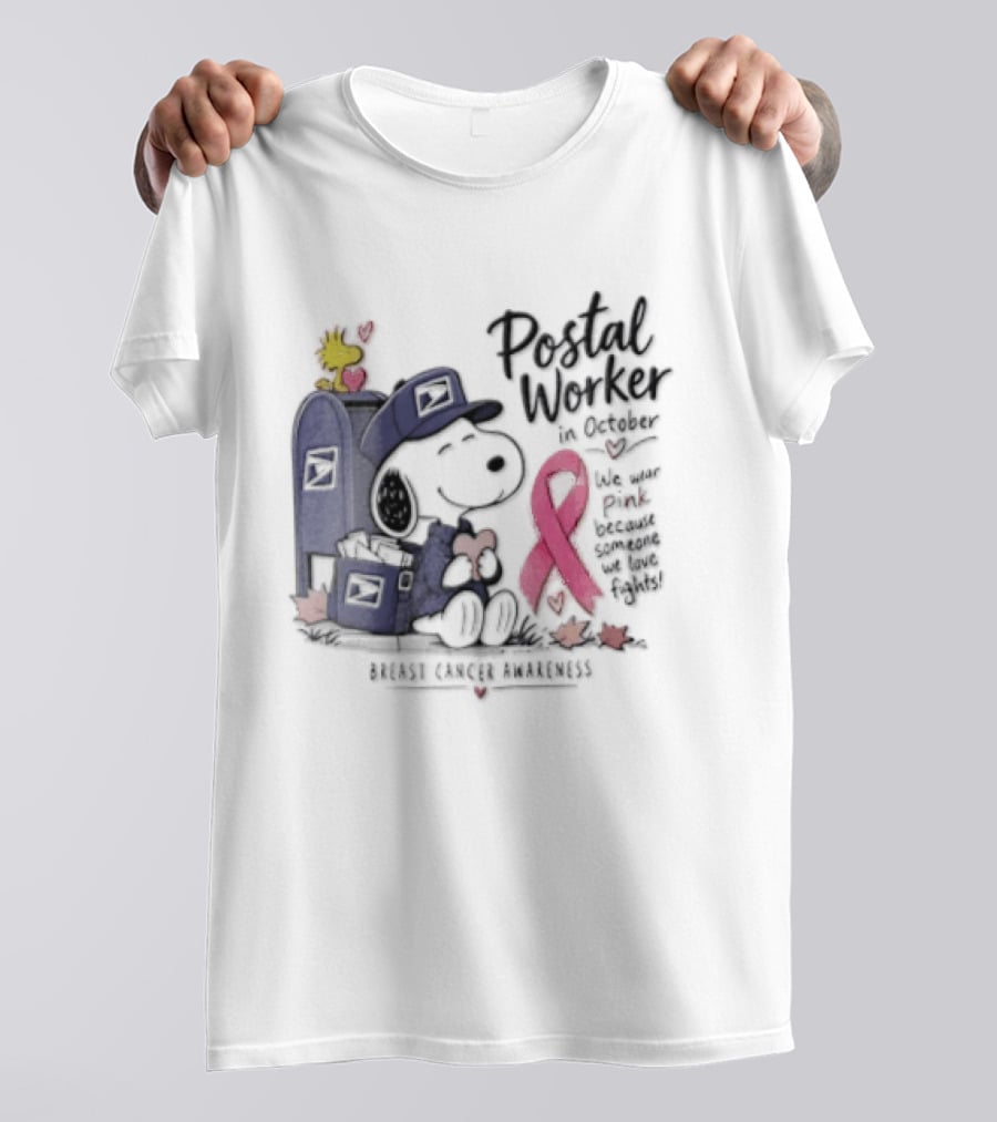 Postal Worker Snoopy And Woodstock With Pink Ribbon Supporting Fighters T-Shirt