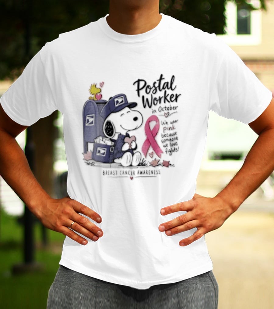 Postal Worker Snoopy And Woodstock With Pink Ribbon Supporting Fighters T-Shirt