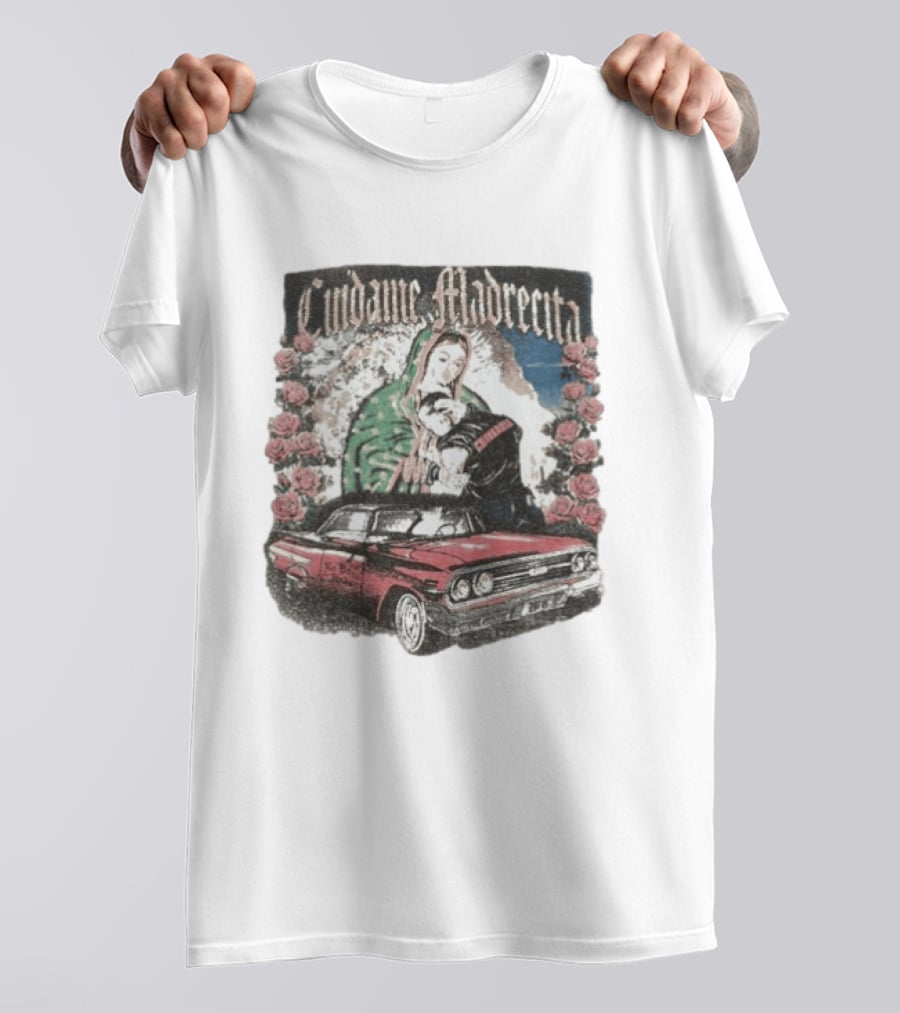 Cuidame Madrecita Red Classic Car With Roses And Religious T-Shirt
