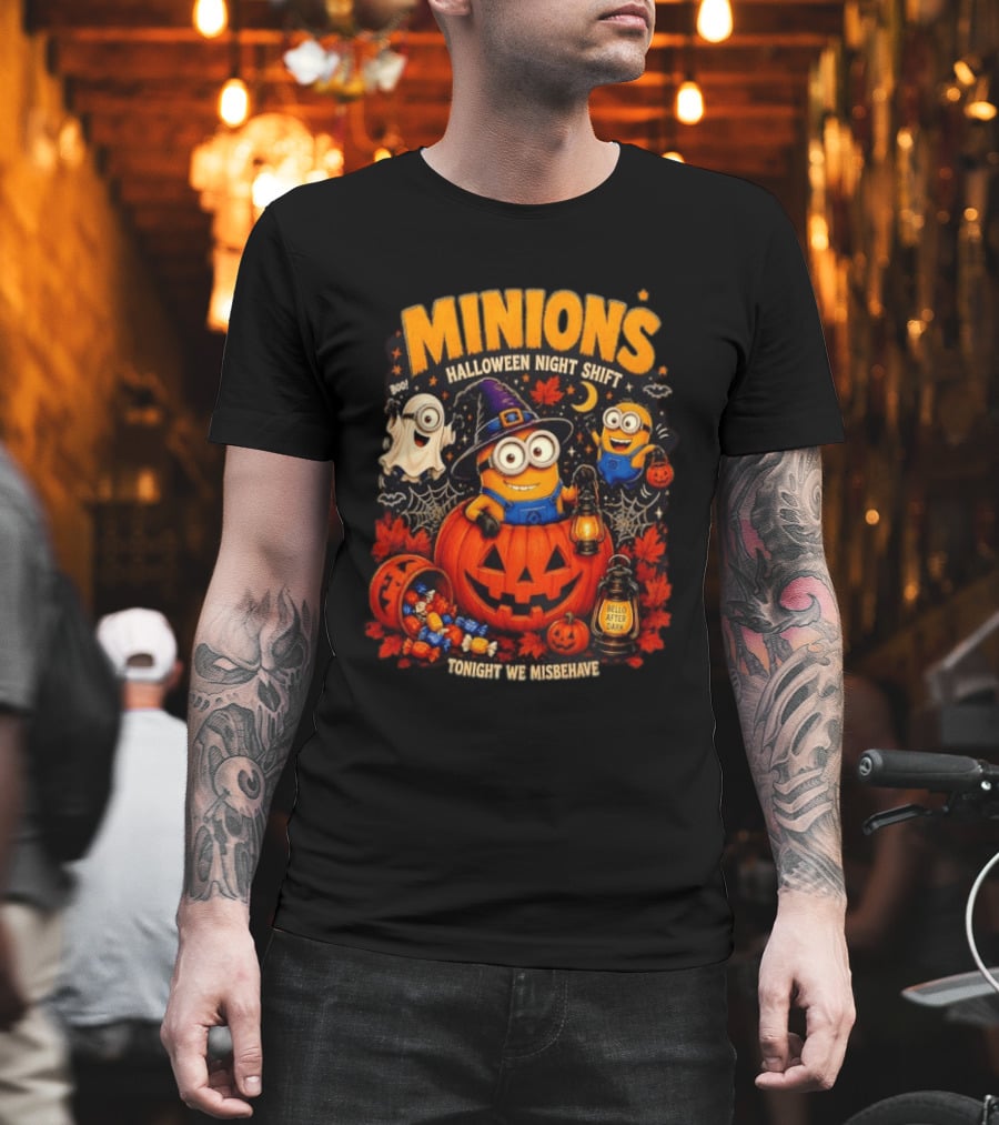 Minions Halloween Night Shift Bello After Dark Tonight We Misbehave Ghosts Pumpkins T-Shirt
