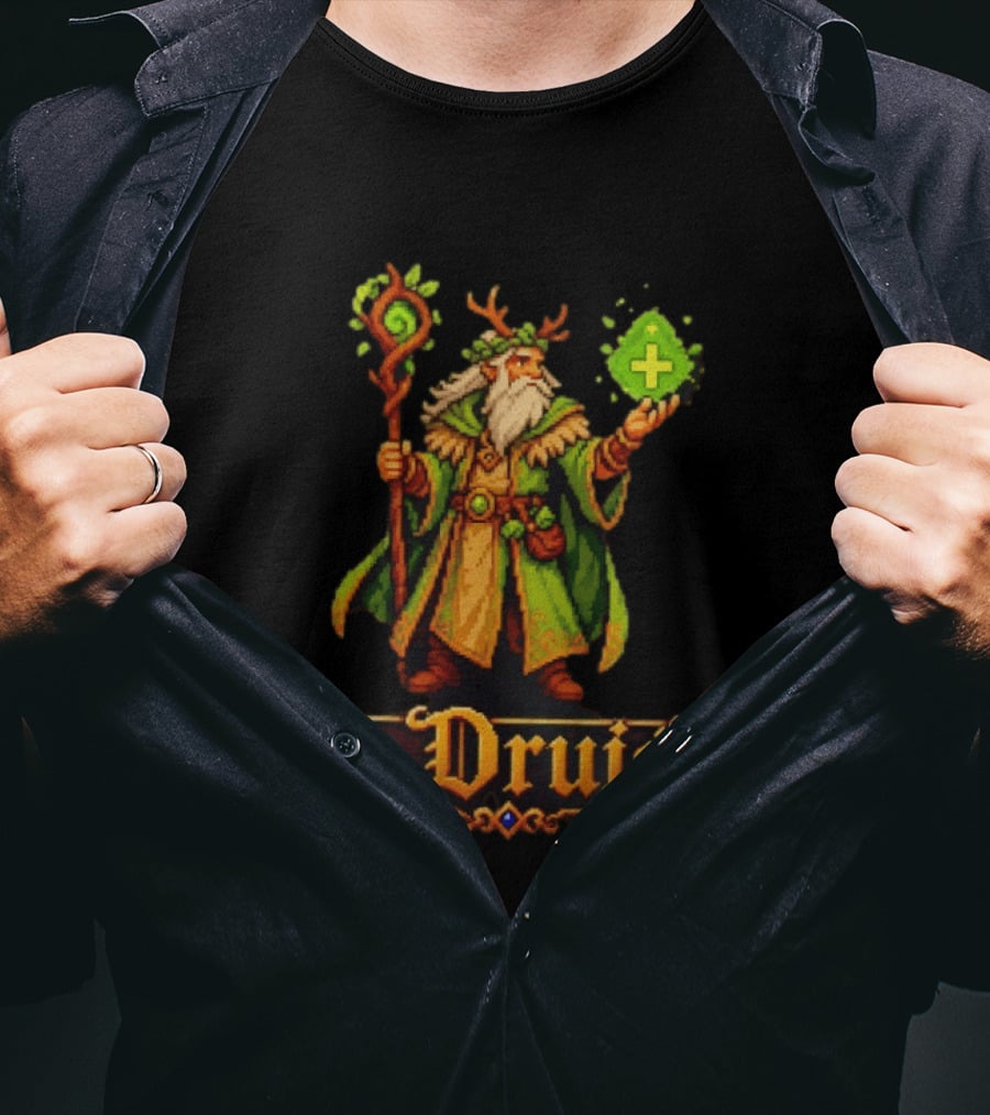 The Druid 16 Bit Game Cartoon Pixel Art Mage With Staff And Potion T-Shirt