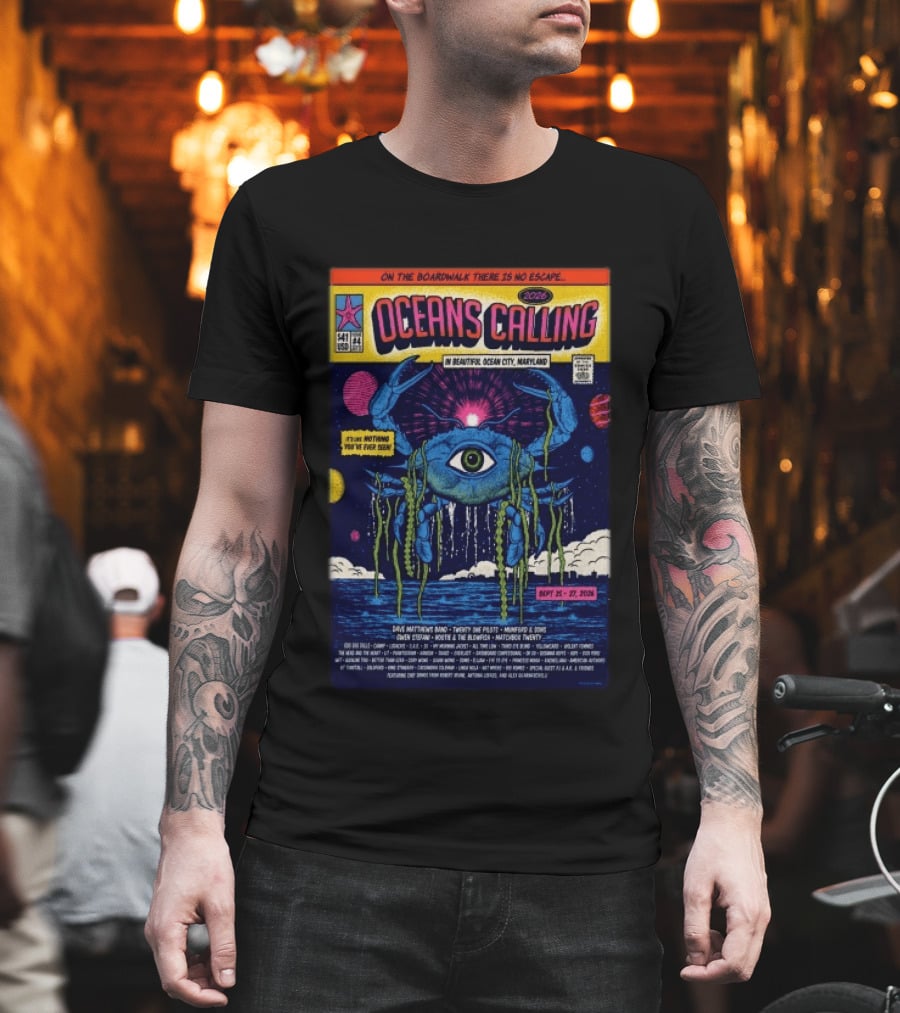 Oceans Calling Festival 2026 Ocean City Maryland Lineup Dave Matthews Band The Lumineers Alanis Morissette 9 25 27 Crab Eye Comic T-Shirt