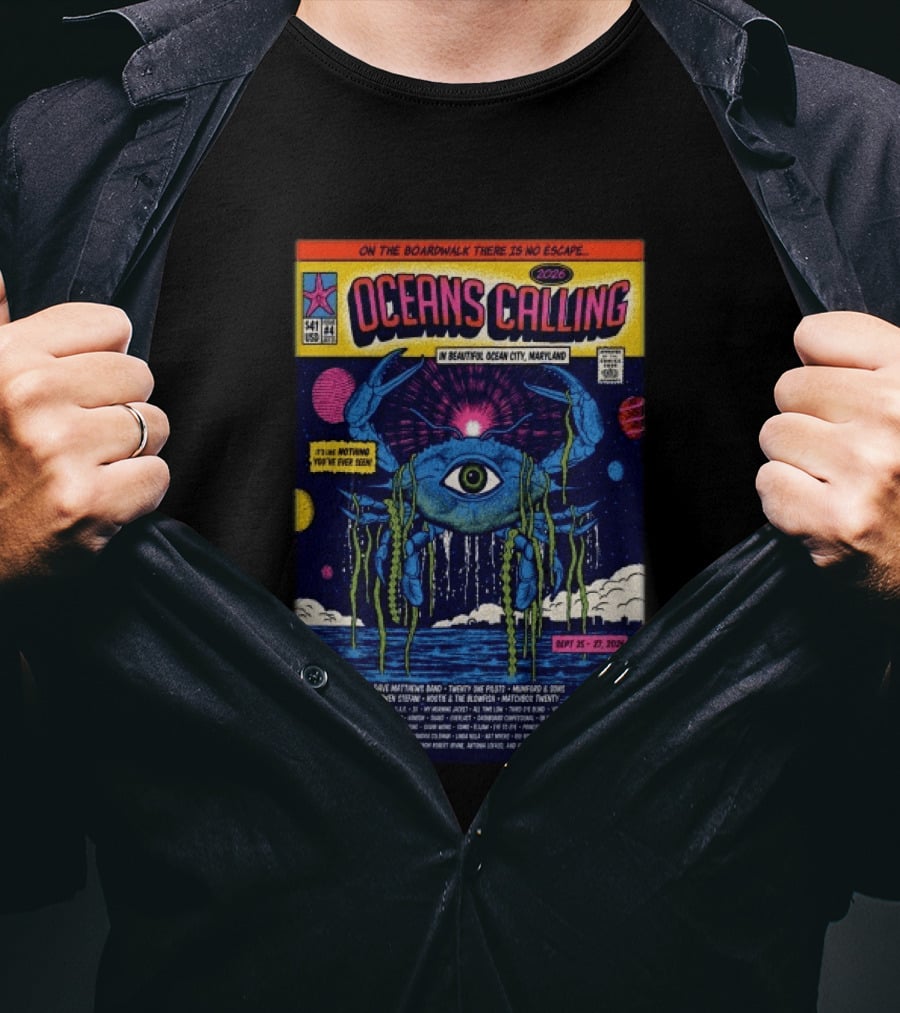Oceans Calling Festival 2026 Ocean City Maryland Lineup Dave Matthews Band The Lumineers Alanis Morissette 9 25 27 Crab Eye Comic T-Shirt