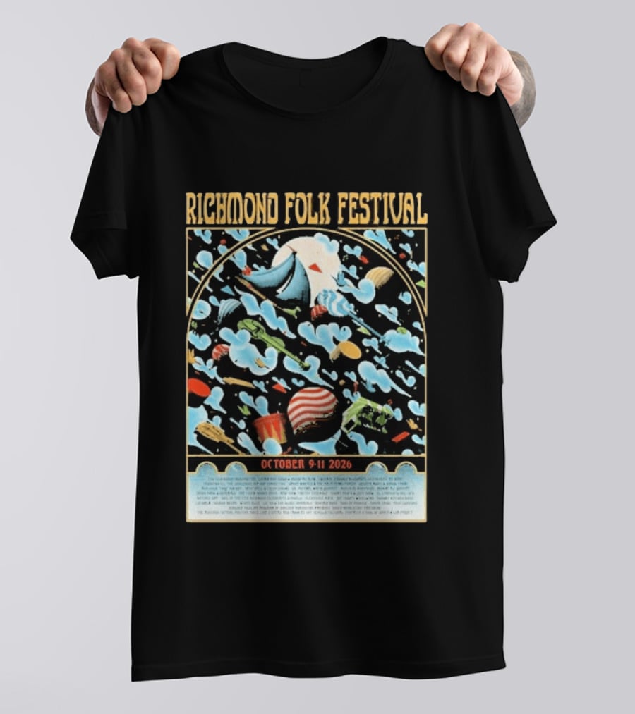 Richmond Folk Festival October 9 11 2026 By Christian Taylor Line Up Colorful Instruments And Clouds T-Shirt