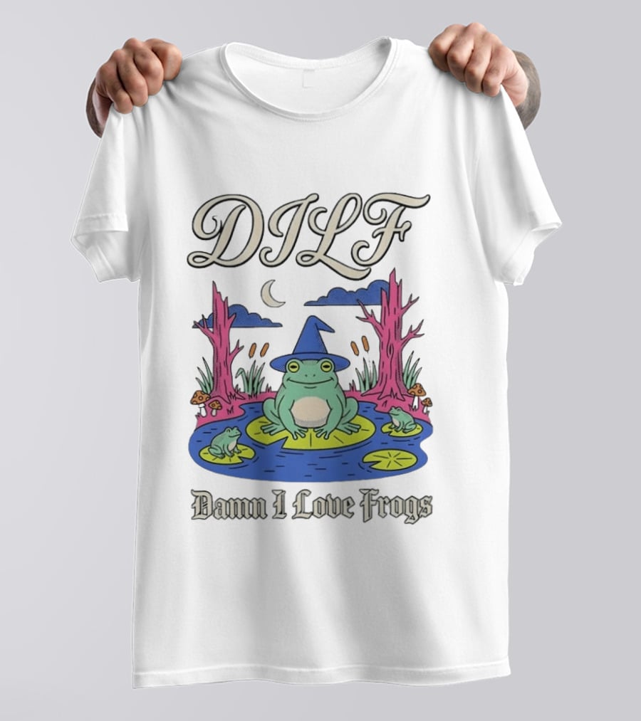 DILF Damn I Love Frogs Cartoon Frog In Pond With Wizard Hat T-Shirt