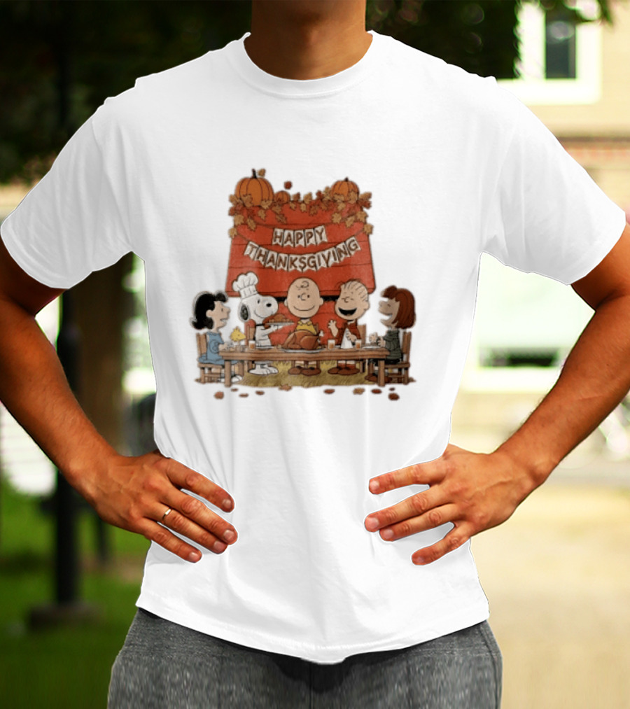 Peanuts Charlie Brown Snoopy Woodstock Lucy Linus Happy Thanksgiving Holiday Celebration T-Shirt