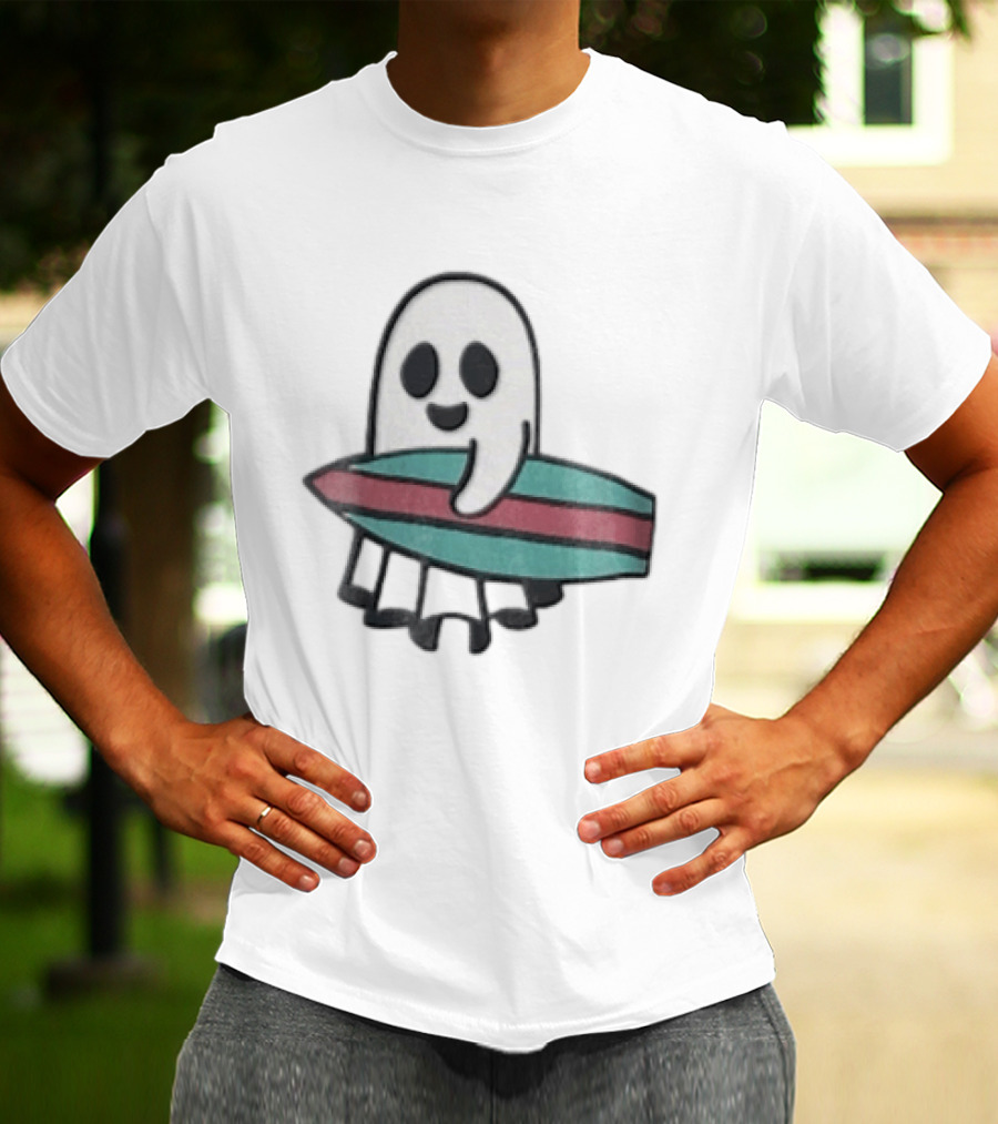 Ghost Holding Surfboard Cartoon Fun Cute Spooky Beach Vibes T-Shirt