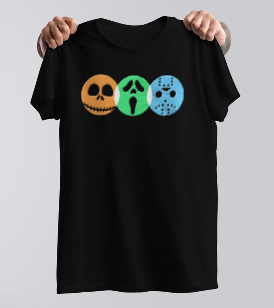 Halloween Horror Characters Colorful Circles Skulls And Masks T-Shirt