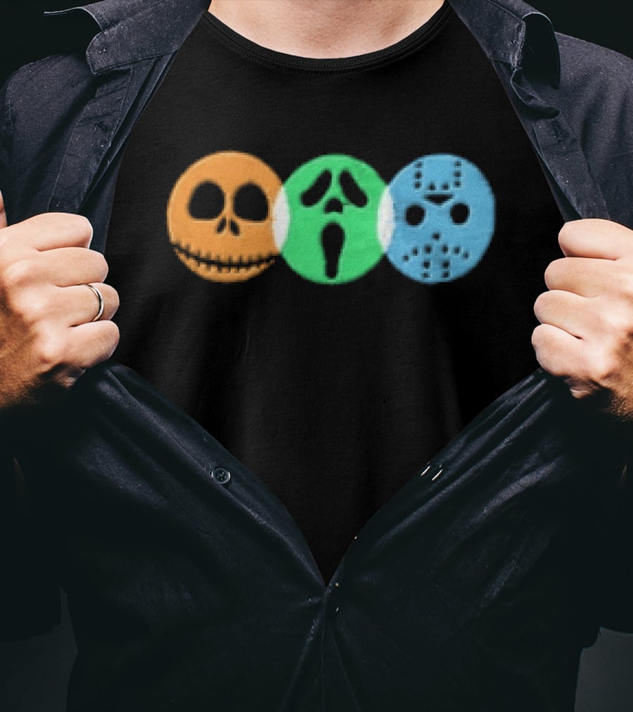 Halloween Horror Characters Colorful Circles Skulls And Masks T-Shirt