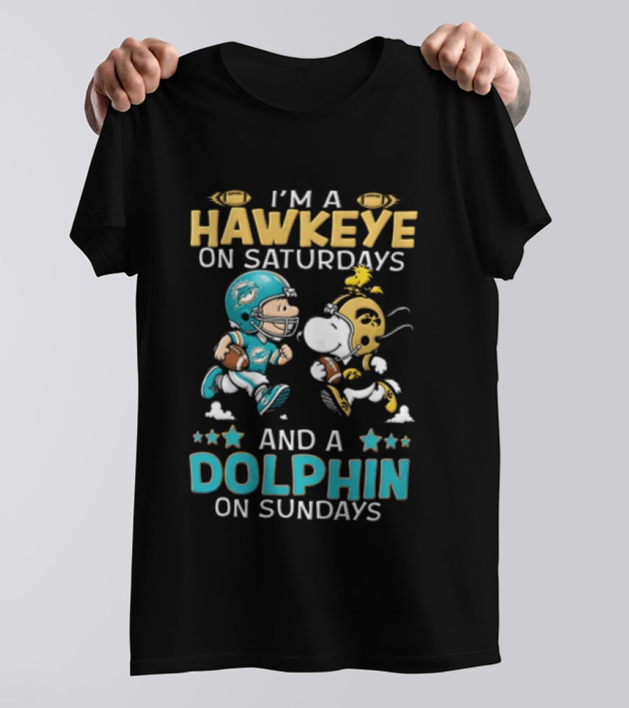Hawkeye On Saturdays Dolphin On Sundays Charlie Brown Snoopy Woodstock Football T-Shirt