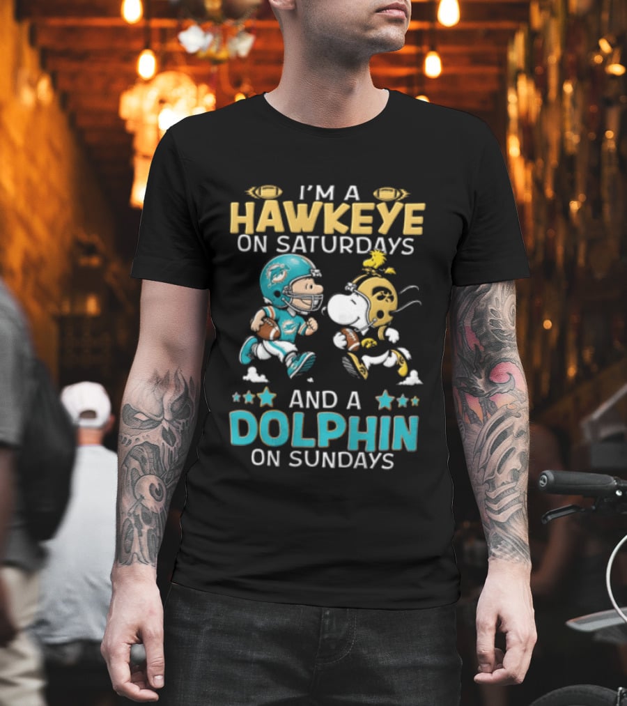 Hawkeye On Saturdays Dolphin On Sundays Charlie Brown Snoopy Woodstock Football T-Shirt