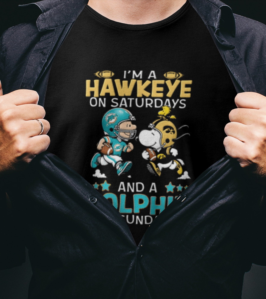 Hawkeye On Saturdays Dolphin On Sundays Charlie Brown Snoopy Woodstock Football T-Shirt