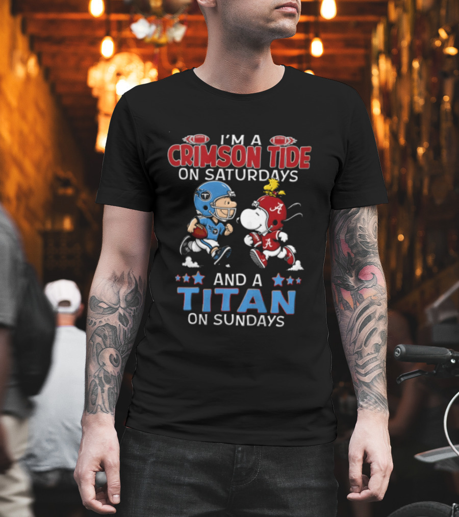 I'm A Crimson Tide On Saturdays And A Titan On Sundays Charlie Brown Snoopy Woodstock Football T-Shirt