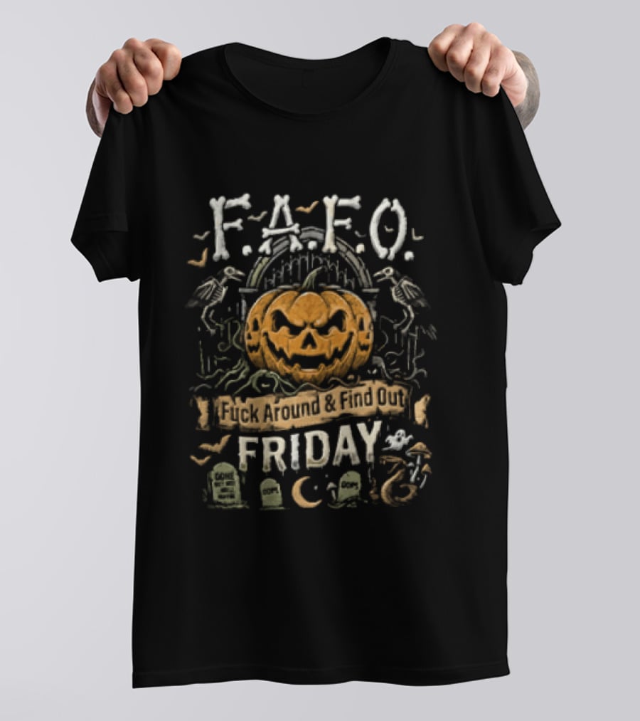 F.A.F.O. Pumpkin Skeleton Raven Halloween Graveyard Friday T-Shirt