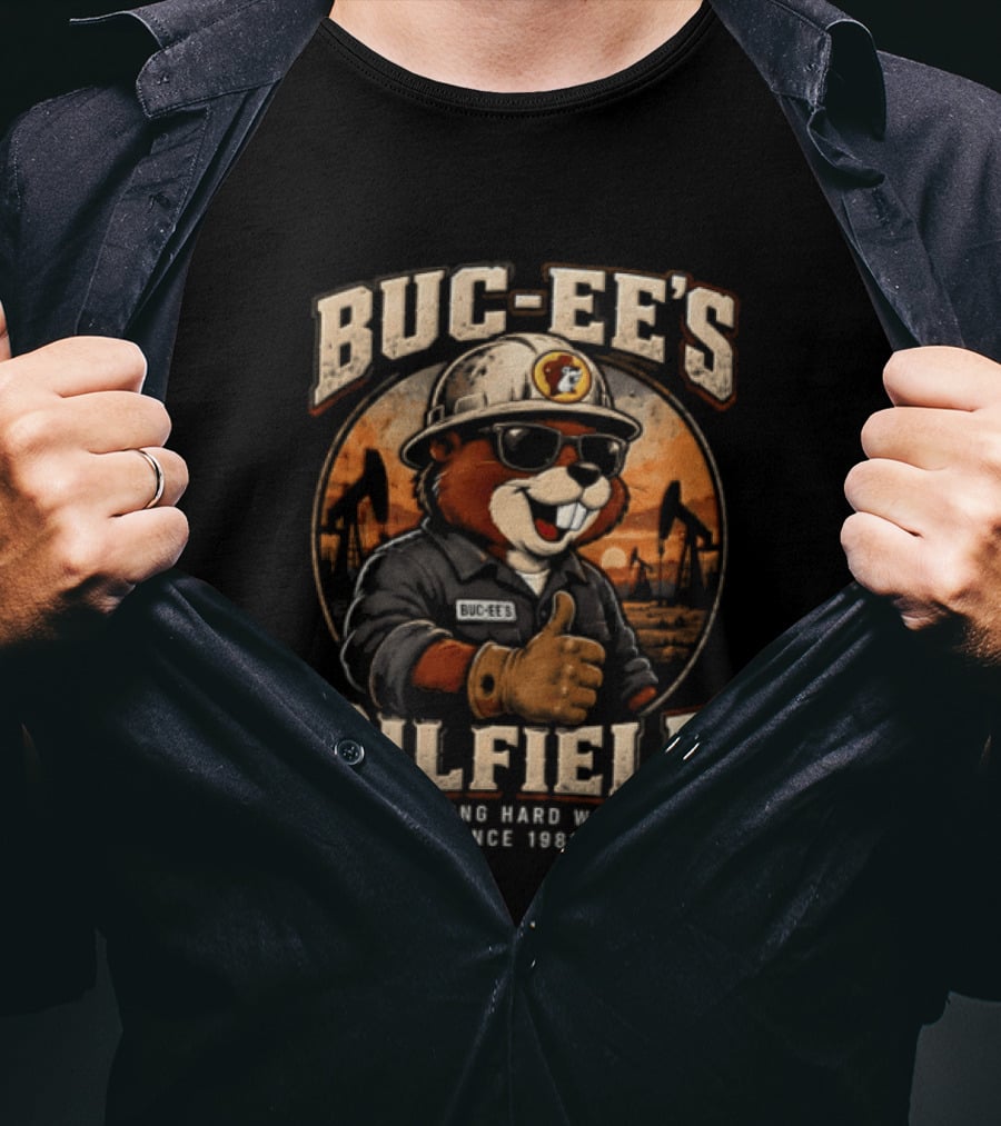 Buc Ee's Oilfield Beaver Hard Hat Sunglasses Thumbs Up Fueling Hard Work Since 1982 T-Shirt