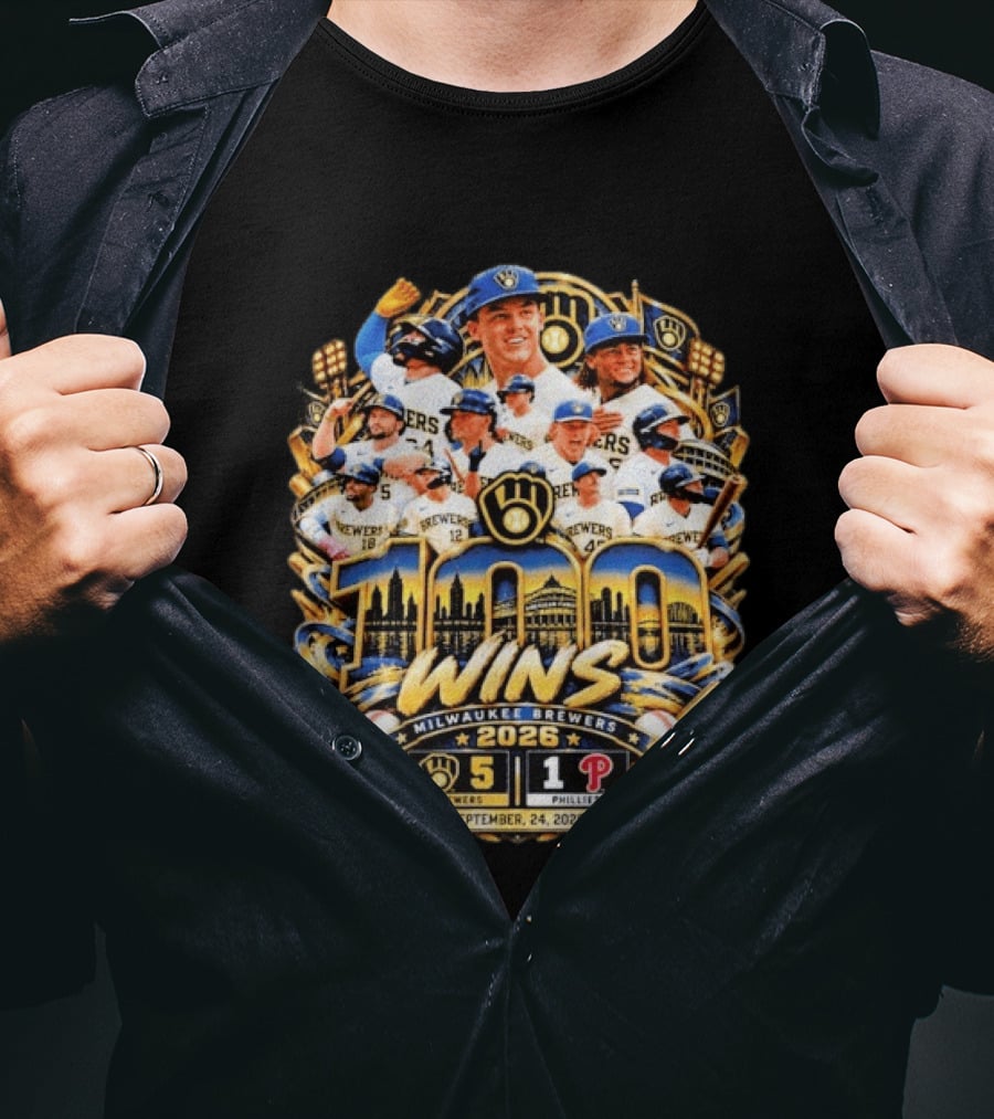 Milwaukee Brewers 100 Wins Celebration Vs Philadelphia Phillies September 24 2026 T-Shirt