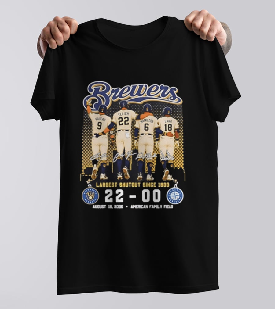 Milwaukee Brewers Largest Shutout Since 1900 22 00 Victory August 18 2023 American Family Field T-Shirt