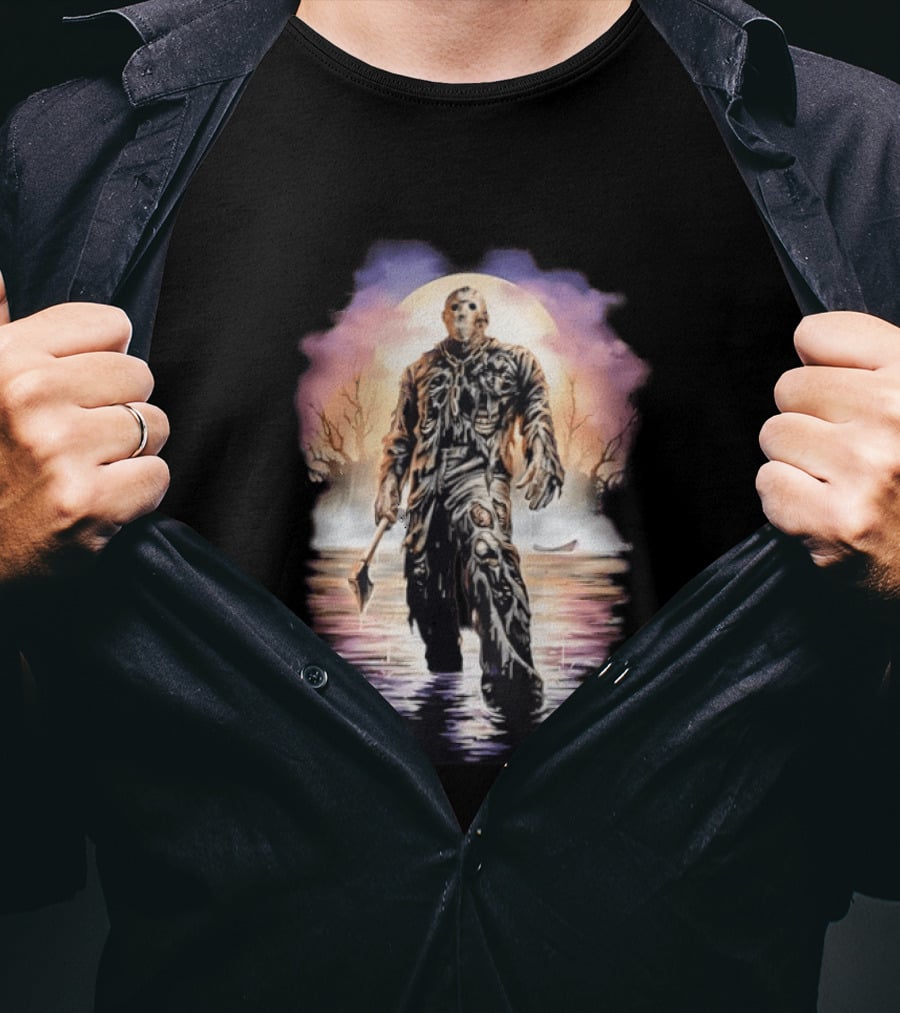 Friday The 13th Jason Voorhees Horror Halloween Mask Machete Lake Scene T-Shirt