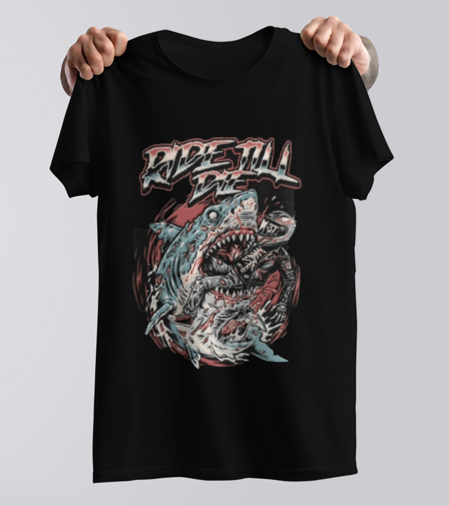 Ride Till Die Skeleton Biker Eaten By Shark T-Shirt