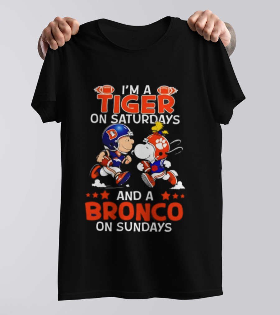 Snoopy And Charlie Brown I'm A Tiger On Saturdays And A Bronco On Sundays Football Fun T-Shirt